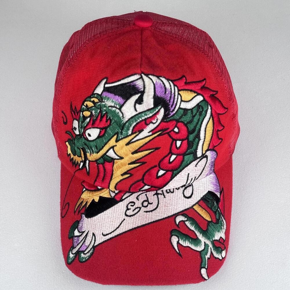 VTG Y2K Don Ed Hardy Dragon Red Trucker Hat - Picture 3 of 8